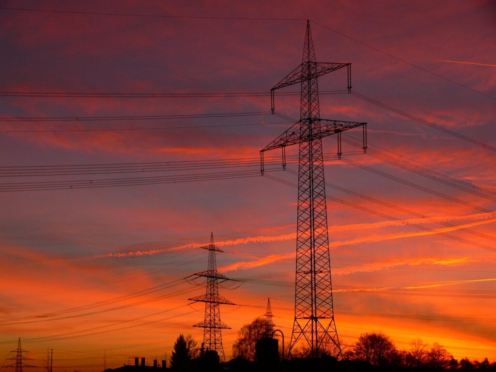 energy, high voltage pylons, power pole, power line, overhead lines, evening sun, sunset, nature, evening sky