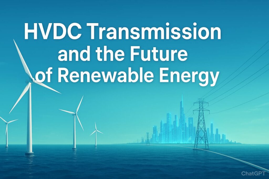 featured image showing offshore wind turbines, hvdc transmission lines, and city skyline with article title overlay