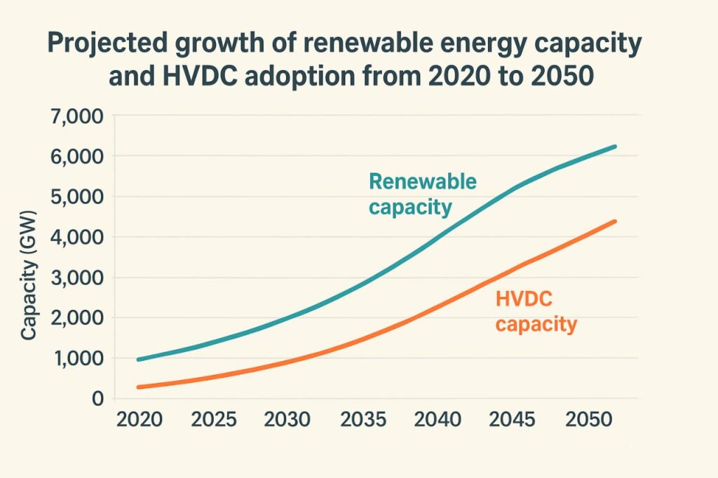 projected growth of renewable energy capacity and hvdc adoption from 2020 to 2050
