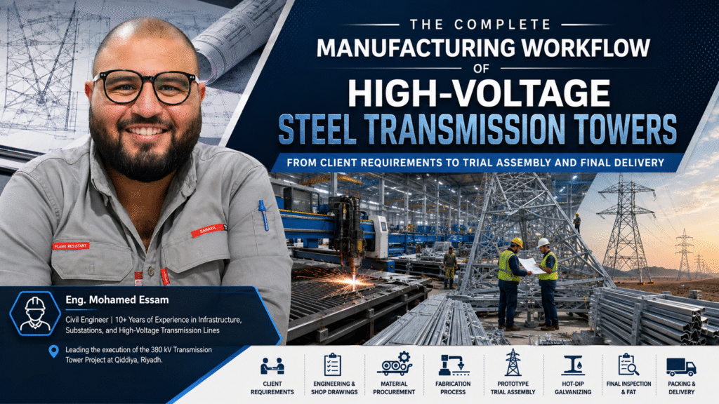 "Complete Manufacturing Process of High-Voltage Steel Transmission Towers: From Design to Delivery" chatgpt image aug 8, 2026, 12 38 38 am